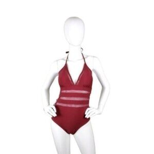 Women's One-piece Crochet Inset One Piece V-neck Swimsuit Burgundy Size Small